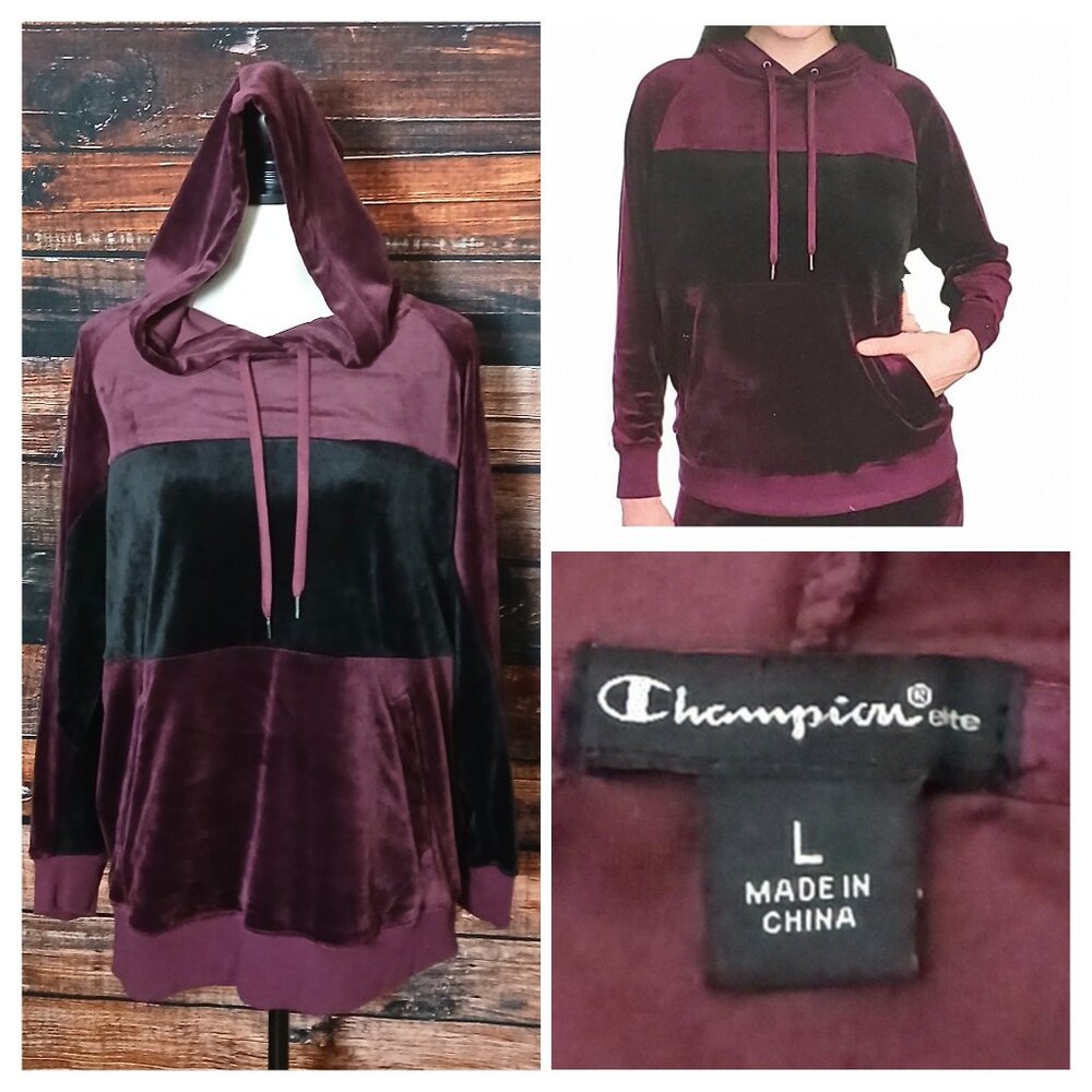 Champion Elite Hoodie L Velour Hooded Sweatshirt Wine Black Colorblock